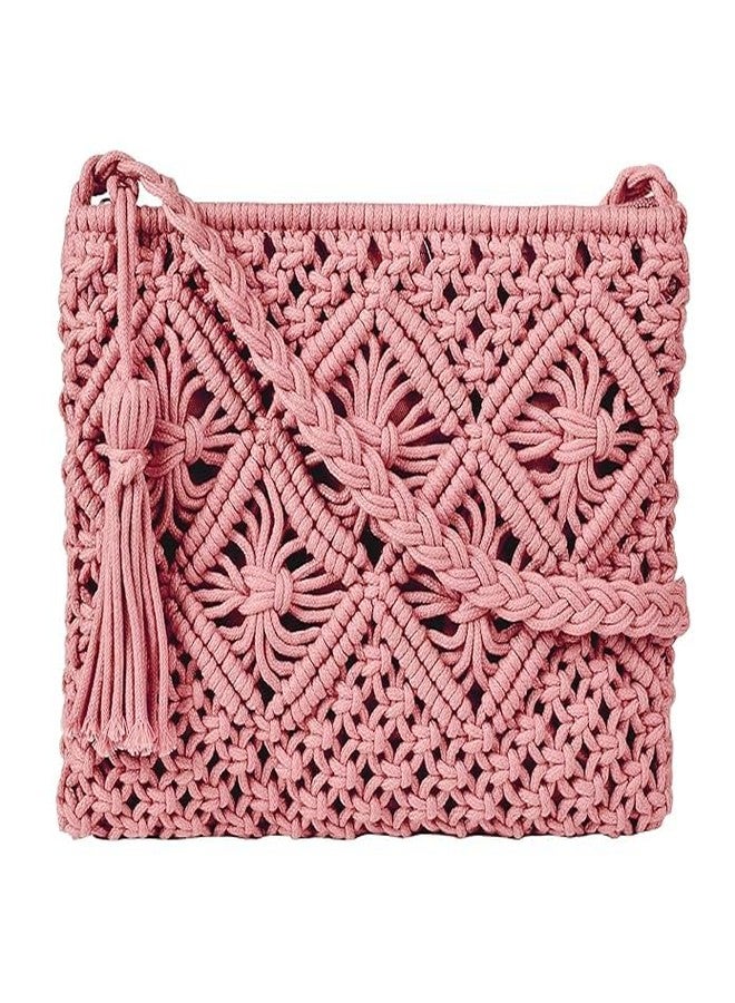 Urooz Women Macrame Cross-Body Boho Chic Handmade Natural Fiber Cord Yarn Small Mini Casual Festival Beach Bohemian Fringe Tassel Woven Textile PINK COLOUR - Image 1